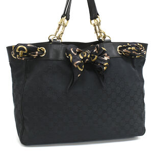 Gucci Shoulder Tote Bag Scarf GG Canvas Leather Black